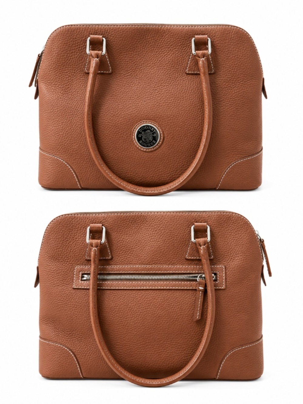 This Dooney & Bourke domed satchel is crafted from saddle tan pebbled leather an
